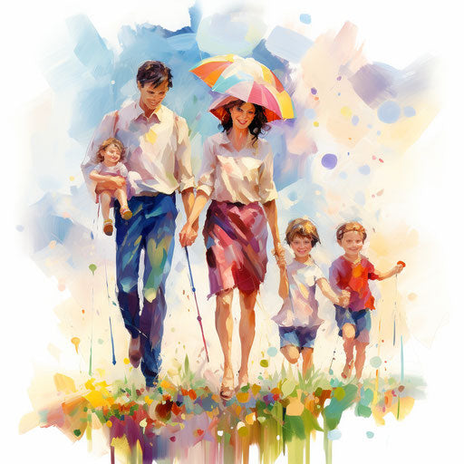 Illustration of happy family in the style of Impressionistic Art, on a white background