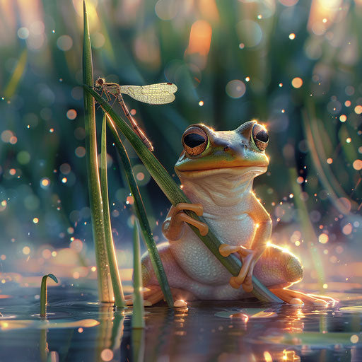 A frog and a dragonfly resting on the same reed, an unexpected companionship.