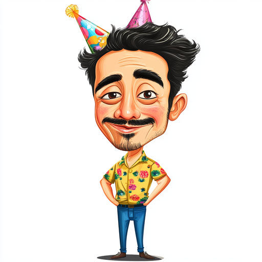 Humorous caricature of a birthday party with exaggerated human characteristics