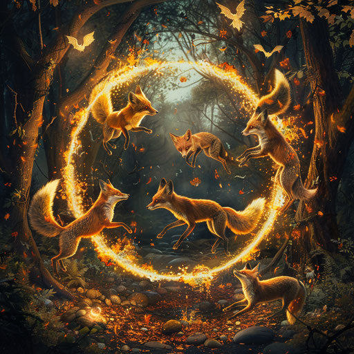 Foxes leaping through a fiery ring in a mystical forest