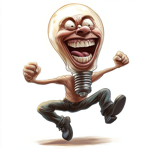 Humorous caricature of a bulb with human characteristics in mid-jump