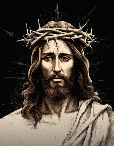 Drawing of Jesus head with crown of thorns, gravure style