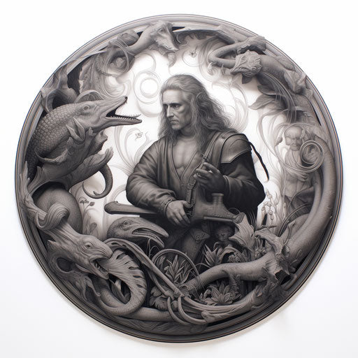 Black and white St. John tattoo with an arc around neck