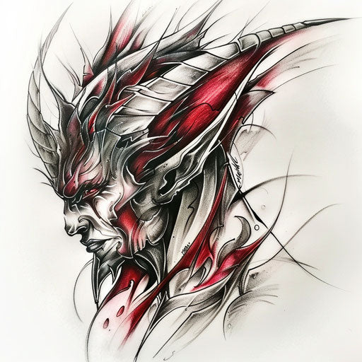 Metallic-style devil tattoo with silver and red highlights