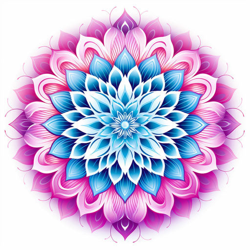 Indian mandala pattern, decorative floral design, light magenta and blue, white background, multilayered dimensions, vibrant color scheme