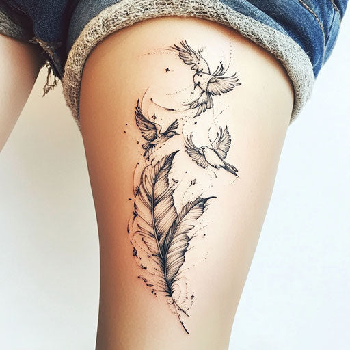 Feather transforming into birds on inner thigh, tattoo sketch