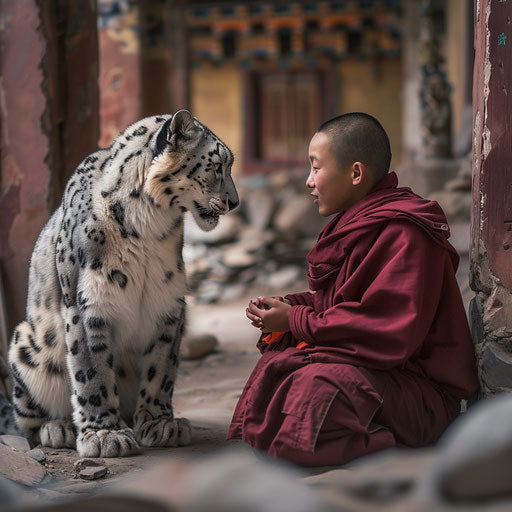 Connection between a snow leopard and a young monk