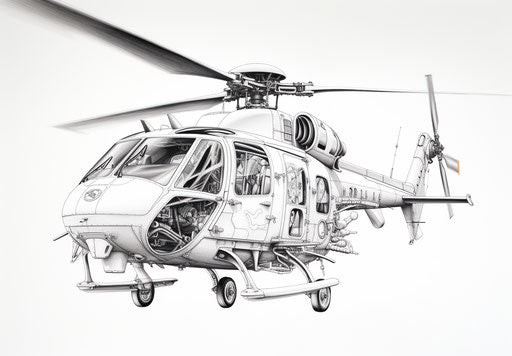 Coloring page of a helicopter with bold designs, 8k, bentwood 33:23