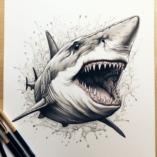 Shark drawing with open teeth, elegant fisheye effect