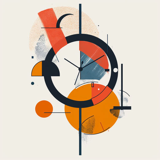 Modern flat tattoo art of a minimalist clock with bold colorful abstract shapes