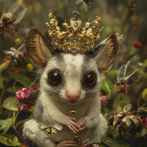 A royal sugar glider wearing a tiny crown, ruling over a kingdom of insects