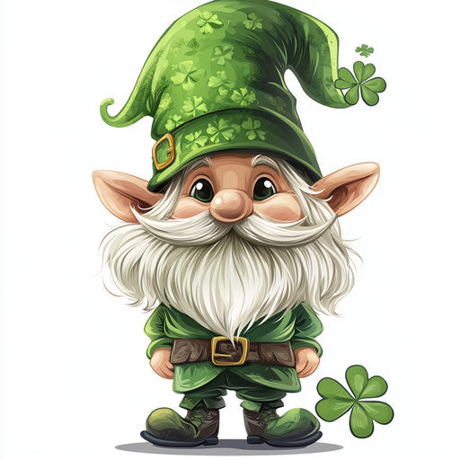 St Patricks day cute gnome with big hat, clovers clipart white background, cartoon style, png