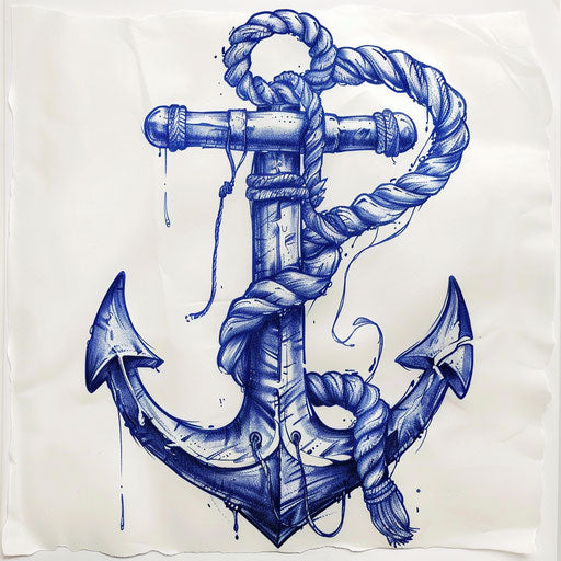 Bold tattoo sketch of sailor's anchor entwined with rope, navy blue and white, clipart style
