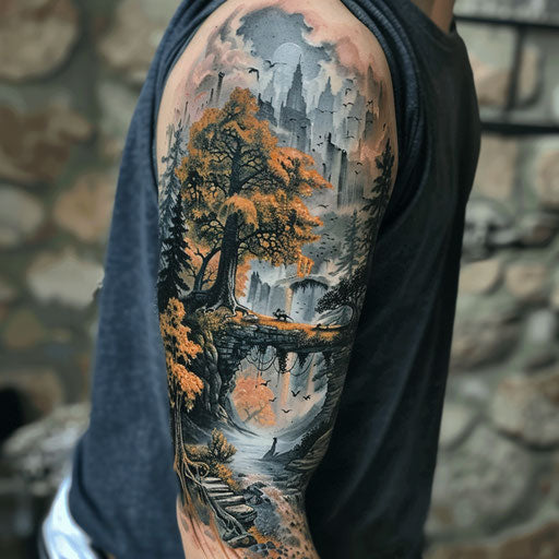 Fantasy landscape on sleeve tattoo