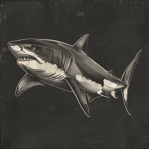 Shark clipart rendered in a realistic style on a flat, dark charcoal background, accentuating dramatic contrast and intricate detail