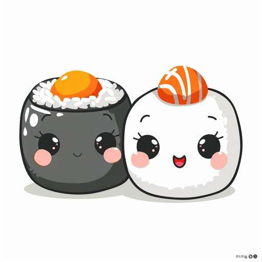 Two cute sushi rolls in kawaii style on white background