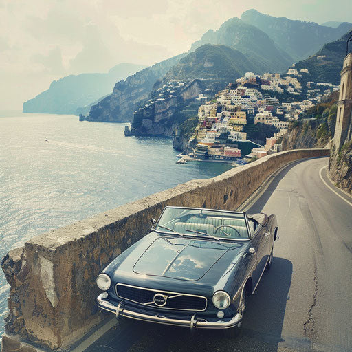 1966 Volvo P1800 convertible cruising Italian Amalfi Coast