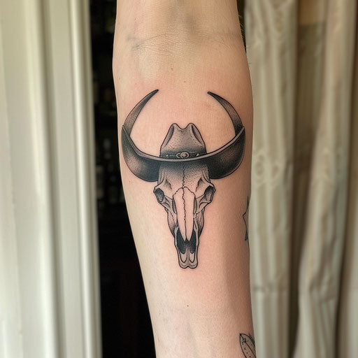 Western-themed bull skull tattoo on white backdrop