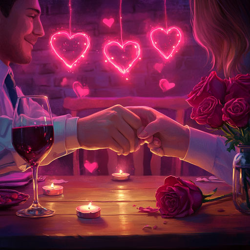 Romantic Valentine's Day setting with heart-shaped lights and roses