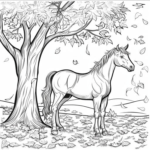 Horse under a tree with falling leaves