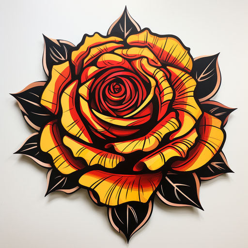 Rose in black and yellow paper, tattoo inspired, magenta and red