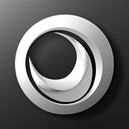 Round logo with a sleek abstract icon on silver background