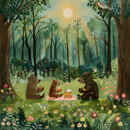 Bears picnic in sunlit forest clearing