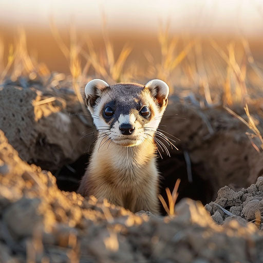 Black-footed ferret at sunrise on the prairie