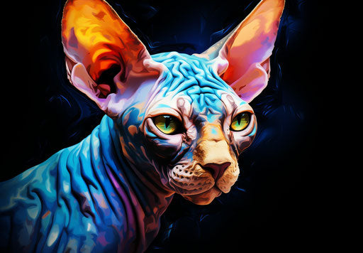 Sphynx cat in the shadows, painting with explosive colors