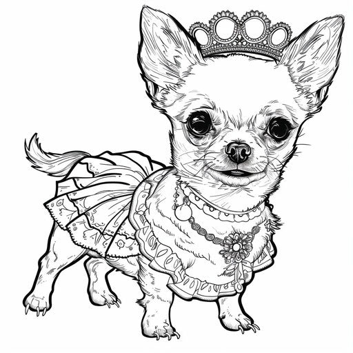 Chihuahua in princess dress and tiara, coloring page