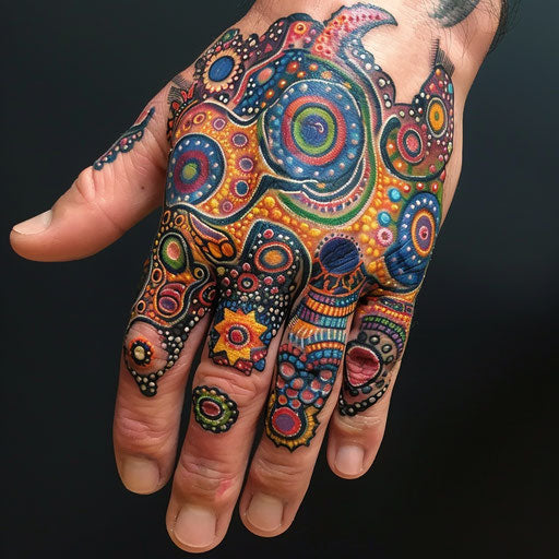 Men's finger tattoos in the style of Guy Aitchison with vibrant cosmic patterns
