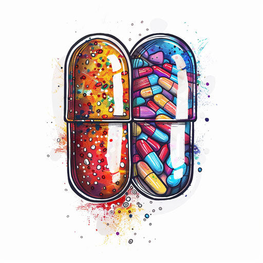 Stylish flat tattoo sketch of a pill capsule split in half