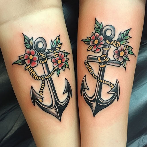 Mother-daughter tattoos with matching anchors, Sailor Jerry style