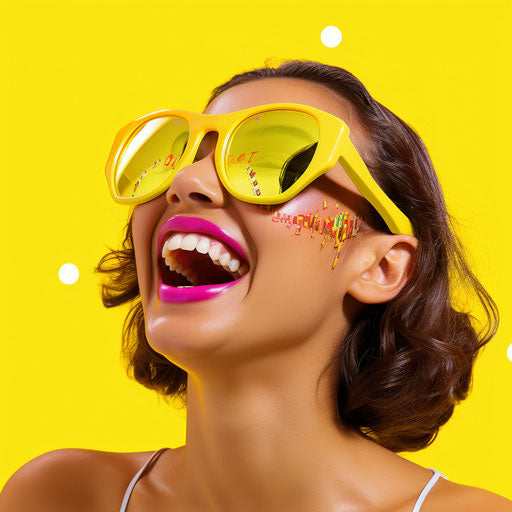 Yellow smiling emoji with sun sunglasses on yellow background