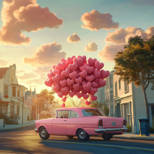 Pink car with heart-shaped balloons, driving down the street
