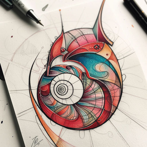 Playful Fibonacci spiral with exaggerated features and bold colors