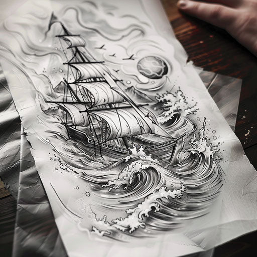 Bold and dark flat tattoo sketch with a stormy sea and a resilient boat
