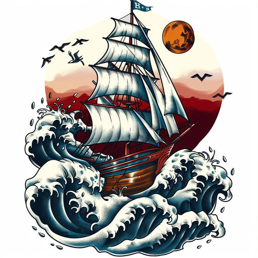 Old-school tattoo design of a ship braving tumultuous waves