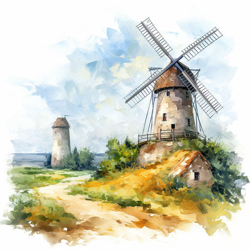 Windmill illustration in the style of an oil painting, on white background
