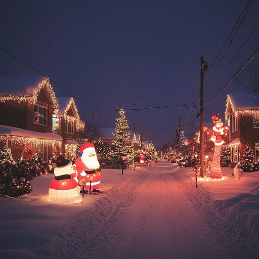 Suburban Christmas Eve, houses decorated with lights and Santa Claus inflatables