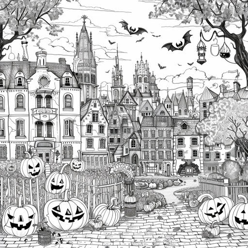 Detailed cityscape with Halloween decorations in coloring book style
