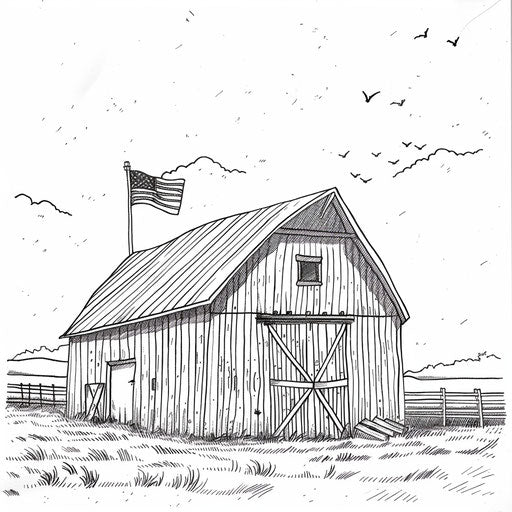 Barn with American flag, coloring book page