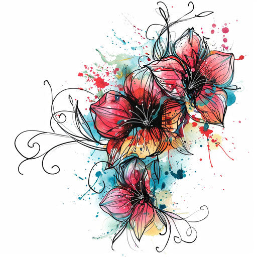 Contemporary floral tattoo design with splashes of abstract colors, on white