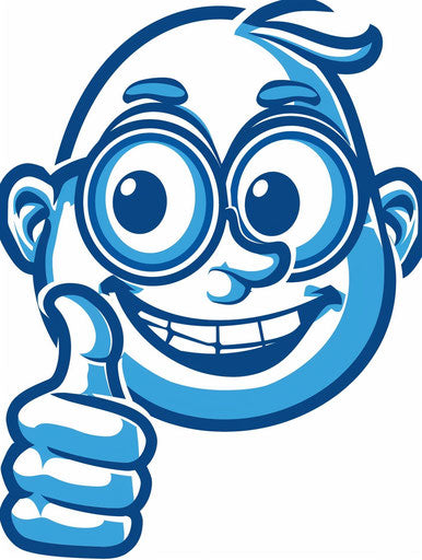 Blue smiling face with thumbs up on white background