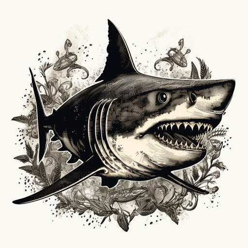 Black and white illustration of a shark, necronomicon style