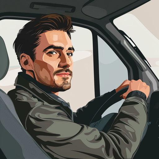 Driver illustration in photo realistic style with a flat random background, glossy finish, and sharp outlines