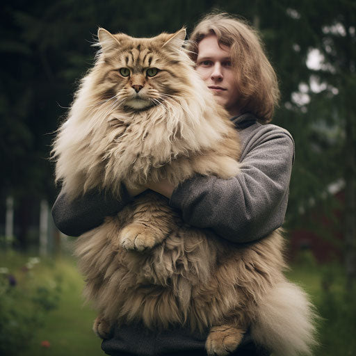 Norwegian forest cat being held by its owner