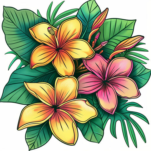 Vibrant flat tattoo sketch of tropical plumeria