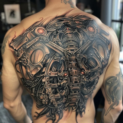 Biomechanical tattoo with sci-fi aesthetics
