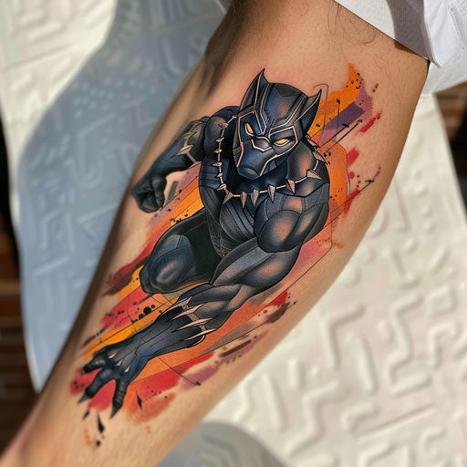 Bold and colorful retro comic book style black panther tattoo on white paper